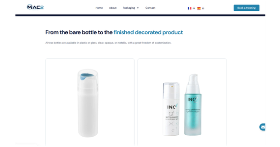 Galerie de produits du site MAC2 Packaging présentant des photographies détourées et harmonisées par SandEEweb grâce à une approche hybride combinant retouche graphique et intelligence artificielle.