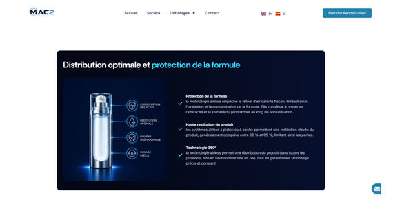Infographie produit créée par SandEEweb pour le site WordPress MAC2 Packaging, illustrant les avantages techniques d'un flacon Airless grâce à une argumentation visuelle optimisée pour le web.