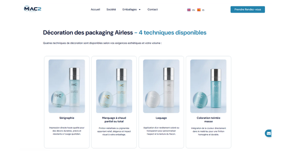 Visuel comparatif créé pour le site MAC2 Packaging présentant différentes techniques de décoration d'emballages grâce à des illustrations générées et harmonisées avec l'intelligence artificielle.