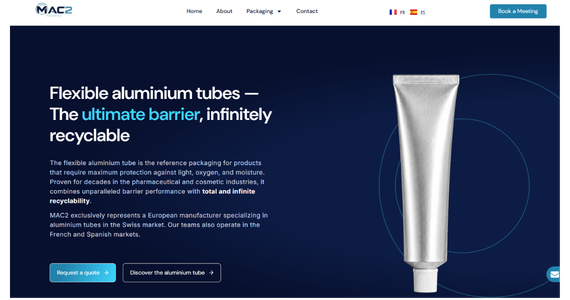 Section Hero de la page produit Tube aluminium MAC2 Packaging réalisée par SandEEweb
