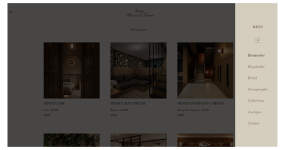 Menu latéral du portfolio WordPress de Manon Le Tannou conçu par SandEEweb avec une navigation élégante et minimaliste.