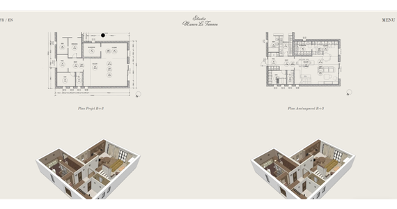 Présentation de plans d'architecture et de visualisations 3D dans le portfolio WordPress de Manon Le Tannou réalisé par SandEEweb.